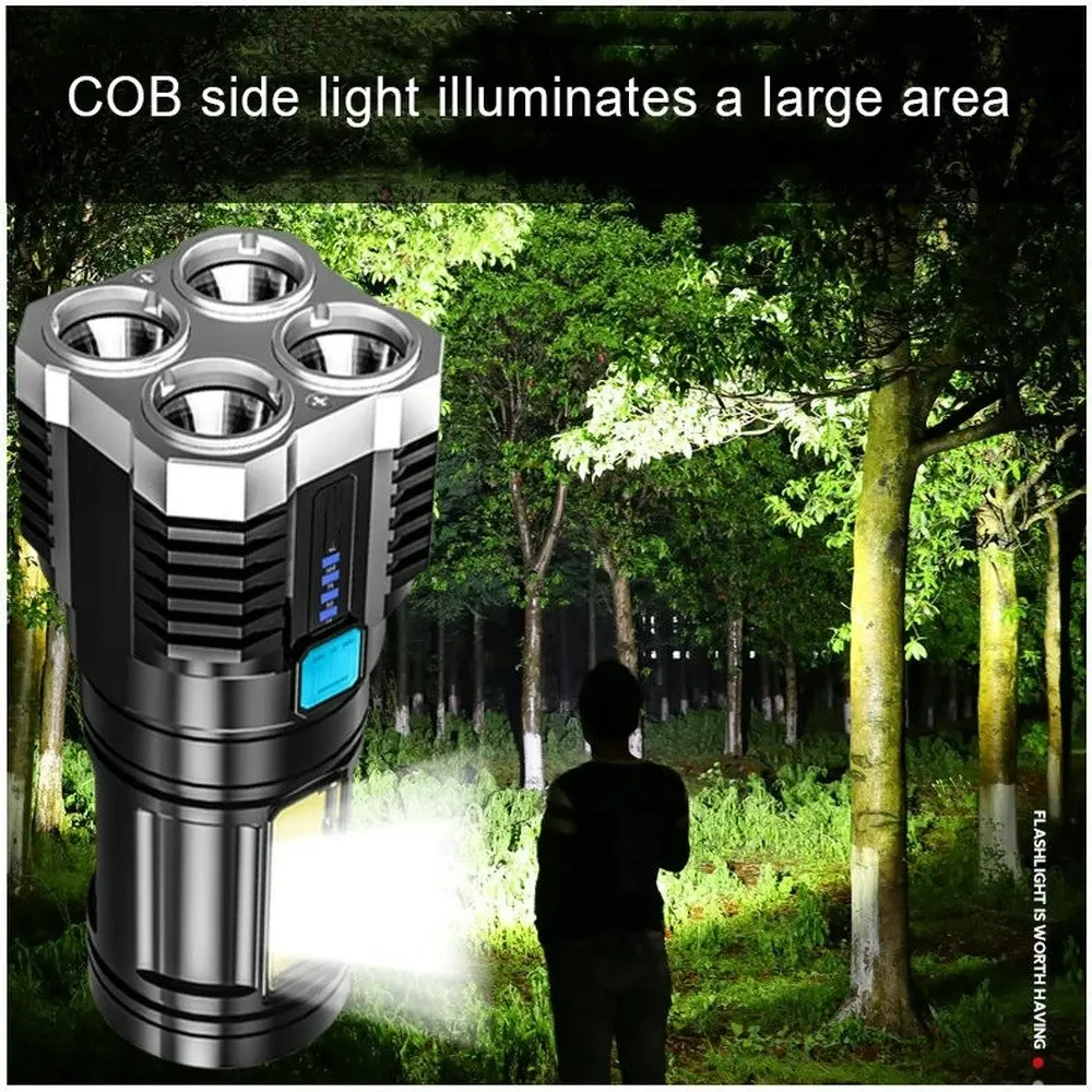 4 Core Super Bright Rechargeable Flashlight Spotlight Battery Display COB Light