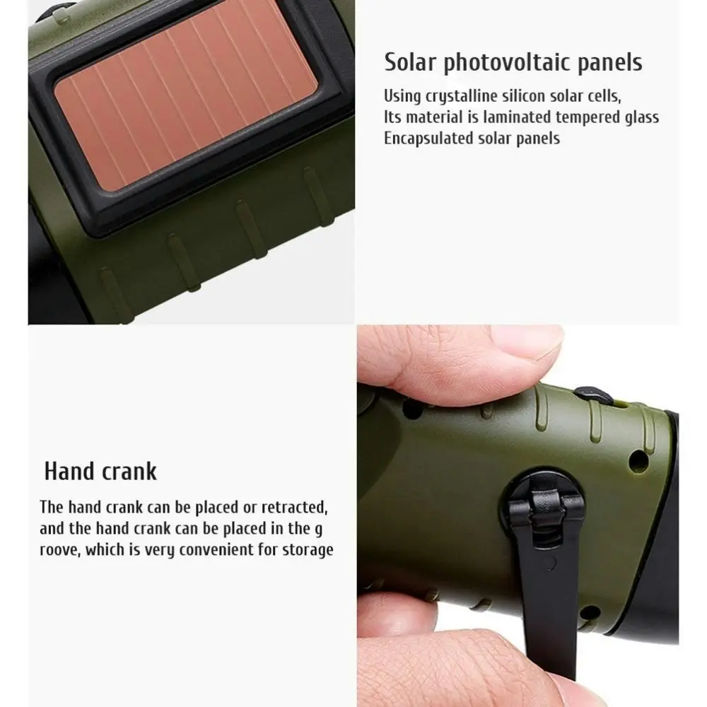 Hand Crank Solar Powered Flashlight Emergency Rechargeable Led Flashlight-Army Green