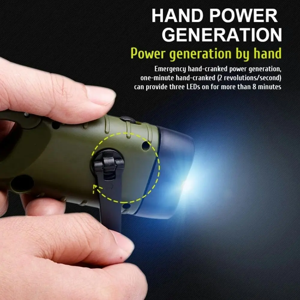 Hand Crank Solar Powered Flashlight Emergency Rechargeable Led Flashlight-Army Green