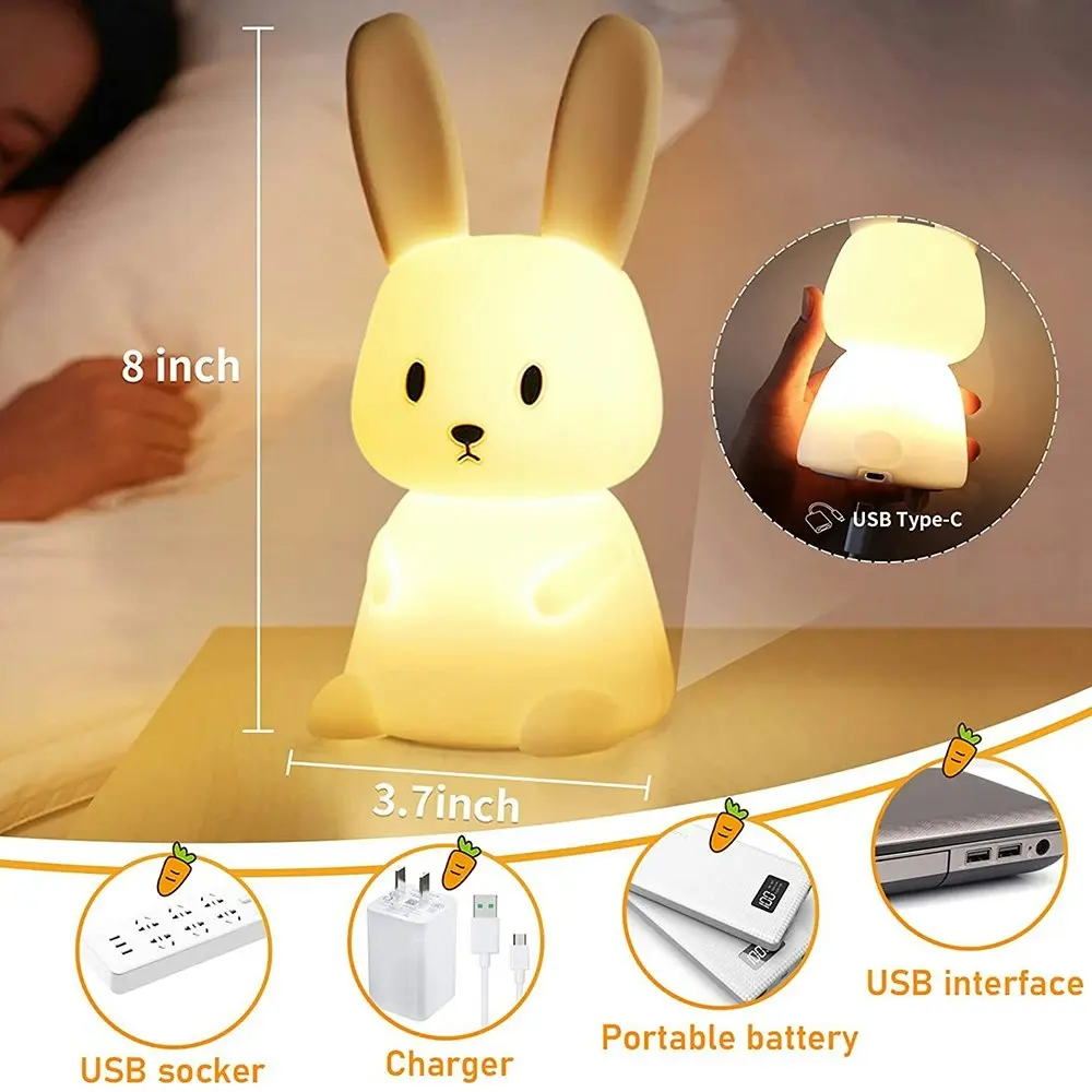 Portable Silicone Bunny Night Lights Kawaii Room Decor Squishy Nursery Light