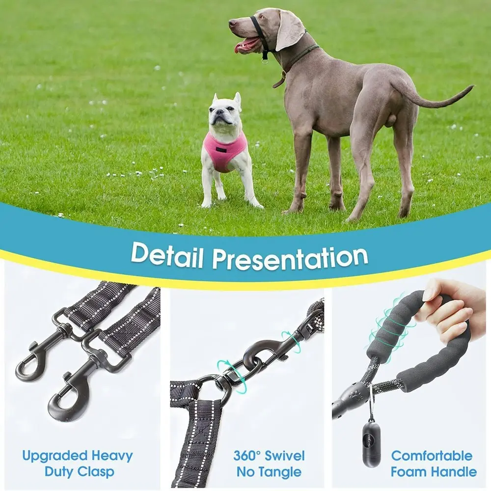 Comfortable Dual Dog Leash Tangle Free With Shock Absorbing Bungee Reflective