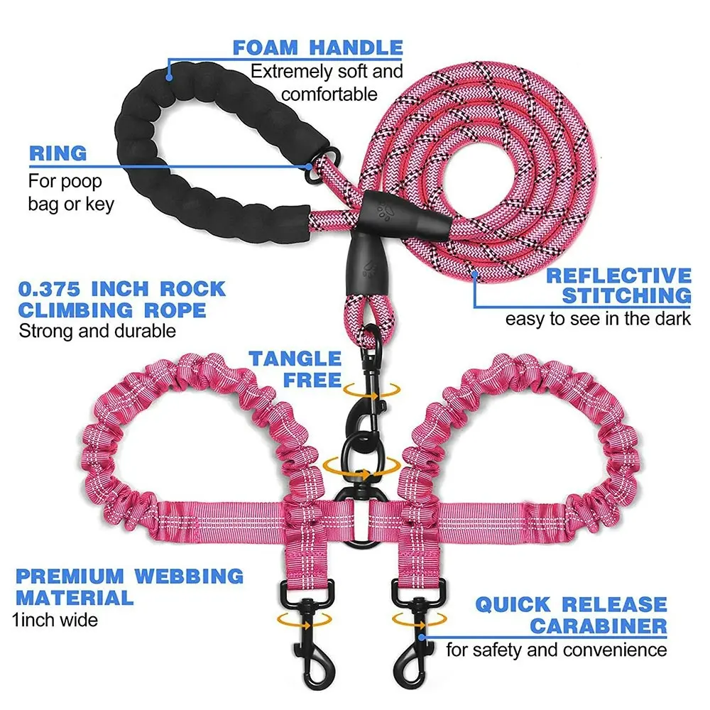 Comfortable Dual Dog Leash Tangle Free With Shock Absorbing Bungee Reflective