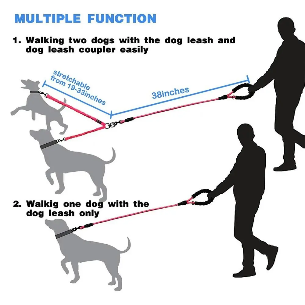 Comfortable Dual Dog Leash Tangle Free With Shock Absorbing Bungee Reflective