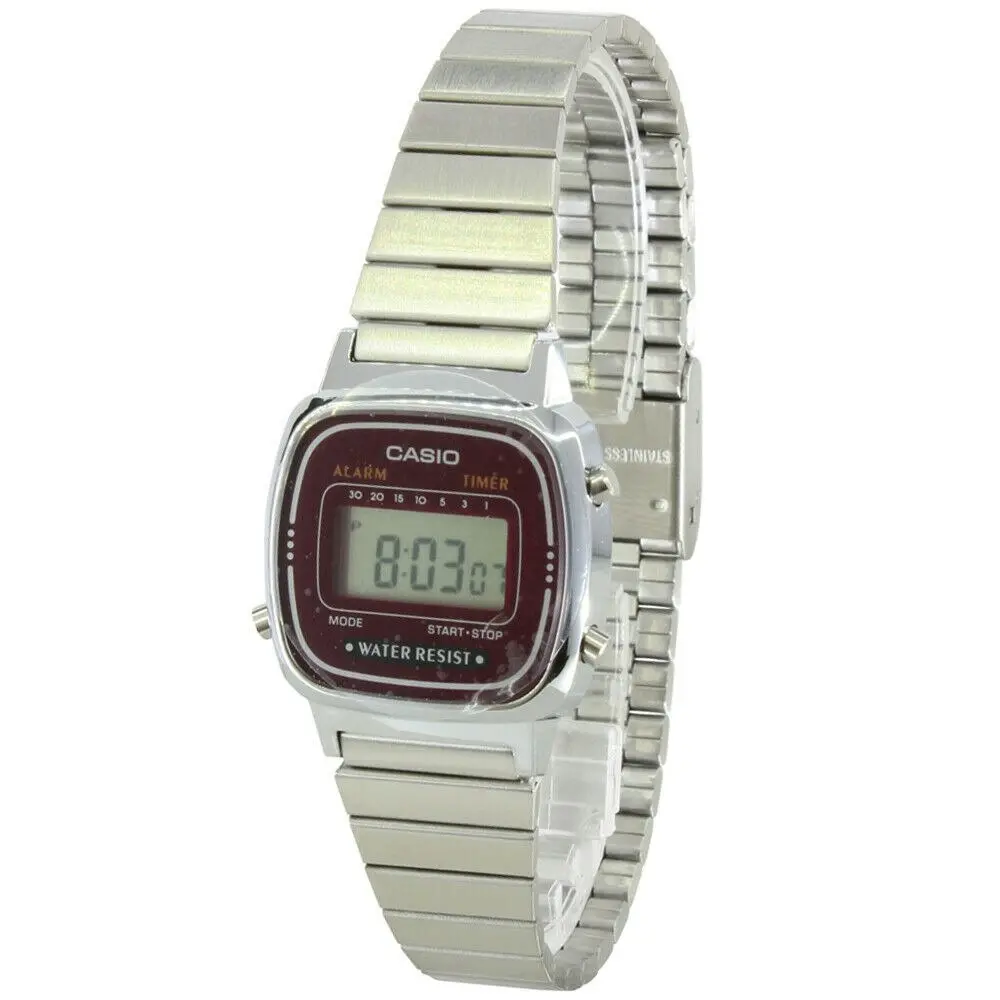 Casio LA670WA-4 Silver Dark Red Small Stainless Steel Women's Digital Watch