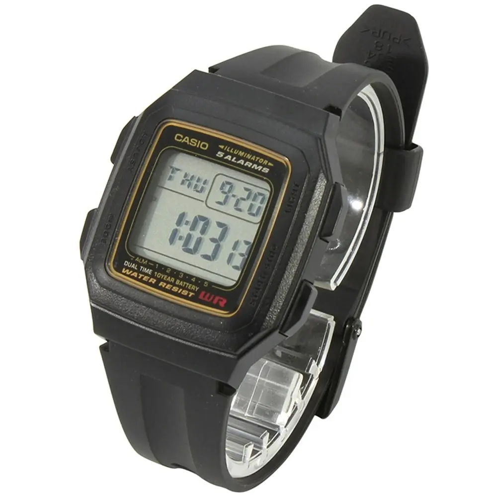 Casio F-201WA-9A Black Gold Illuminator Dual Time Multi-function Digital Watch