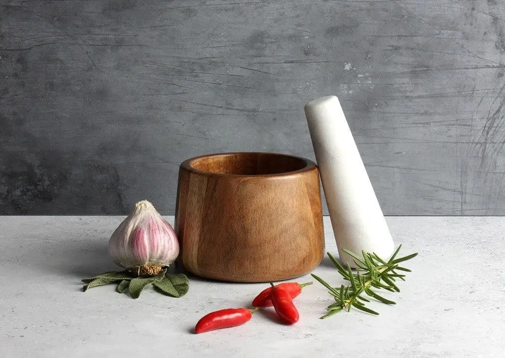 Gabel & Teller Acacia Wood and Marble Mortar and Pestle 11 x 7.5cm