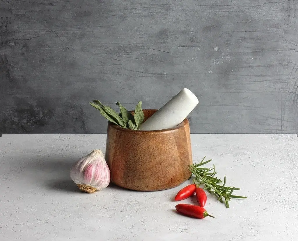 Gabel & Teller Acacia Wood and Marble Mortar and Pestle 11 x 7.5cm