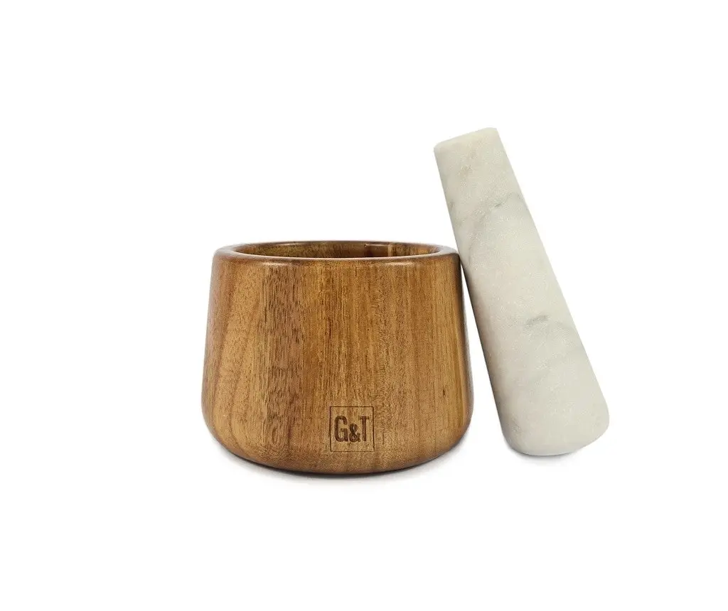 Gabel & Teller Acacia Wood and Marble Mortar and Pestle 11 x 7.5cm