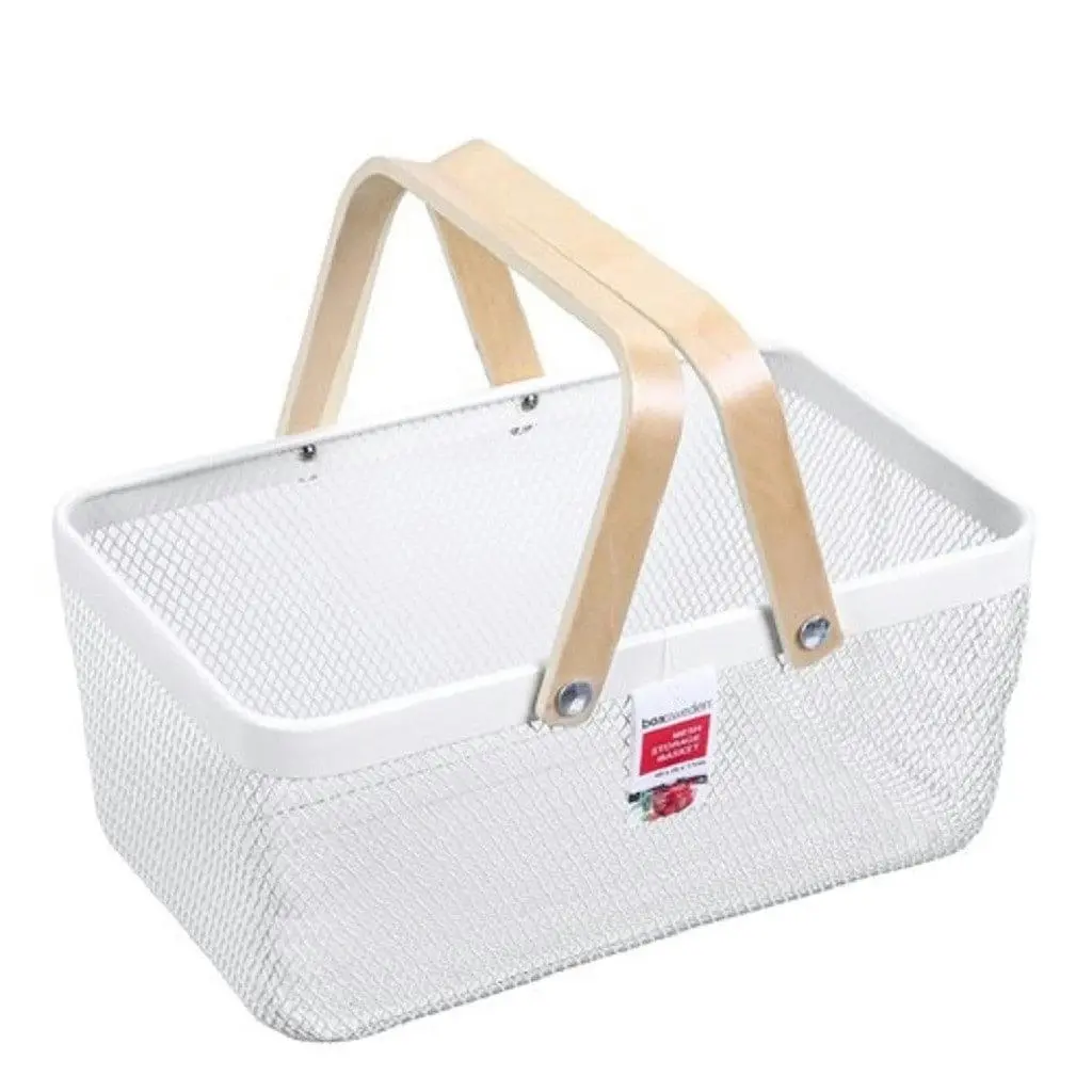 Box Sweden Mesh Storage Basket 40x25x17cm W/Wooden Handle - Red, White Or Black