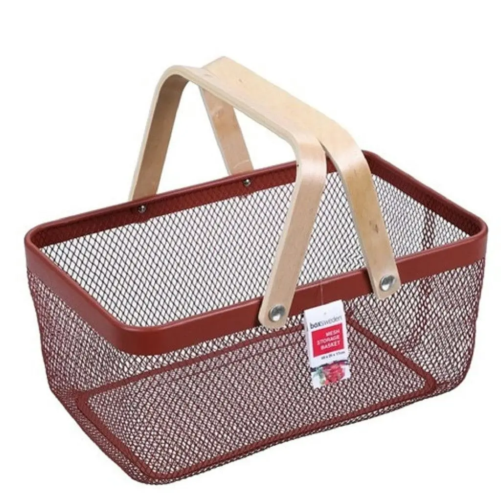 Box Sweden Mesh Storage Basket 40x25x17cm W/Wooden Handle - Red, White Or Black