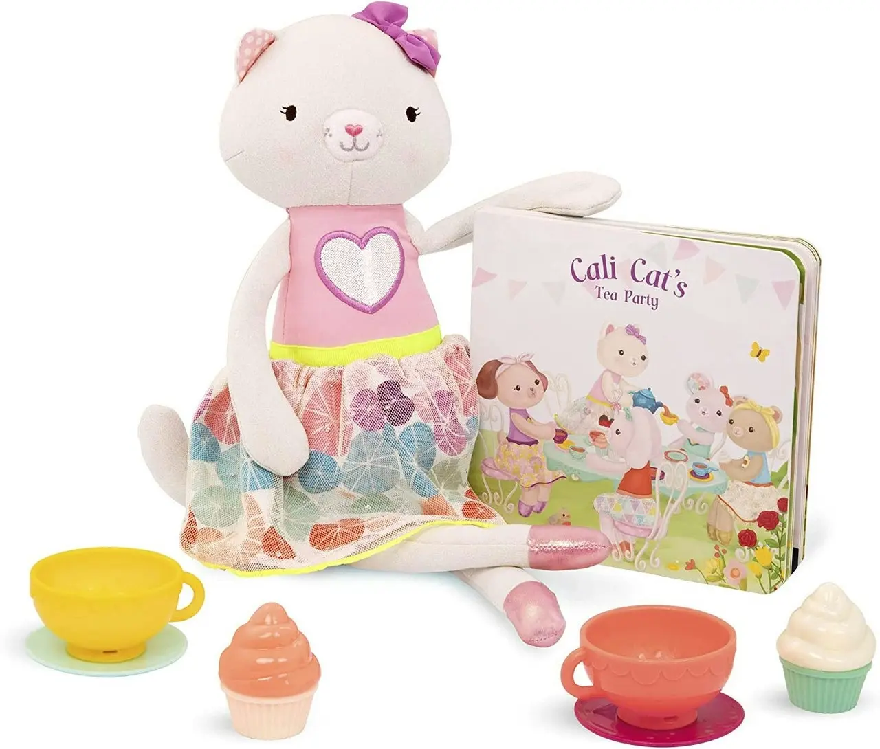 B. Toys Plush Cat, Board Book, and Tea Set