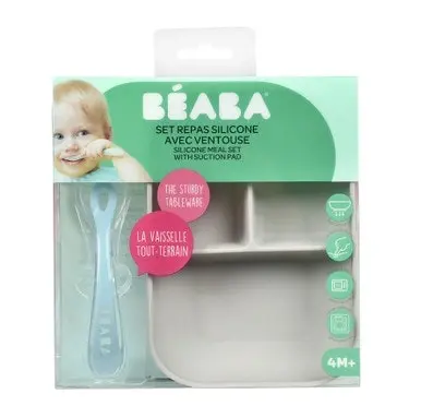 Beaba Silicone Suction Divided Plate & Spoon Grey