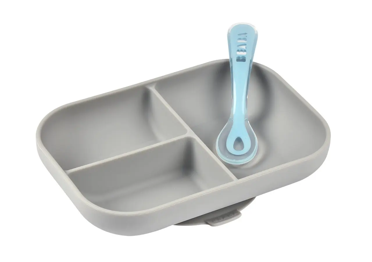 Beaba Silicone Suction Divided Plate & Spoon Grey