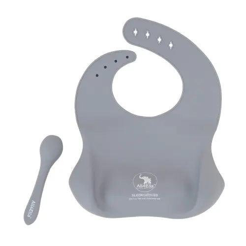 All4Ella Silicone Bib With Spoon Grey