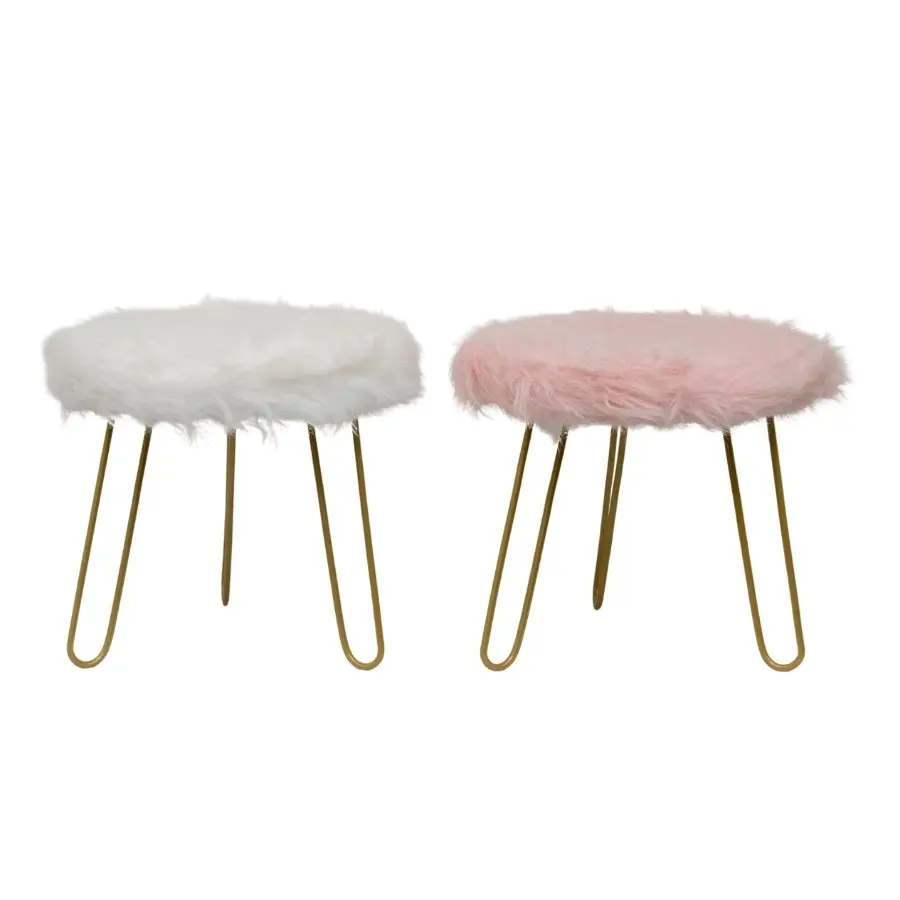 Willow & Silk 3-Golden Legged 30cm Stool w/ White Faux Fur