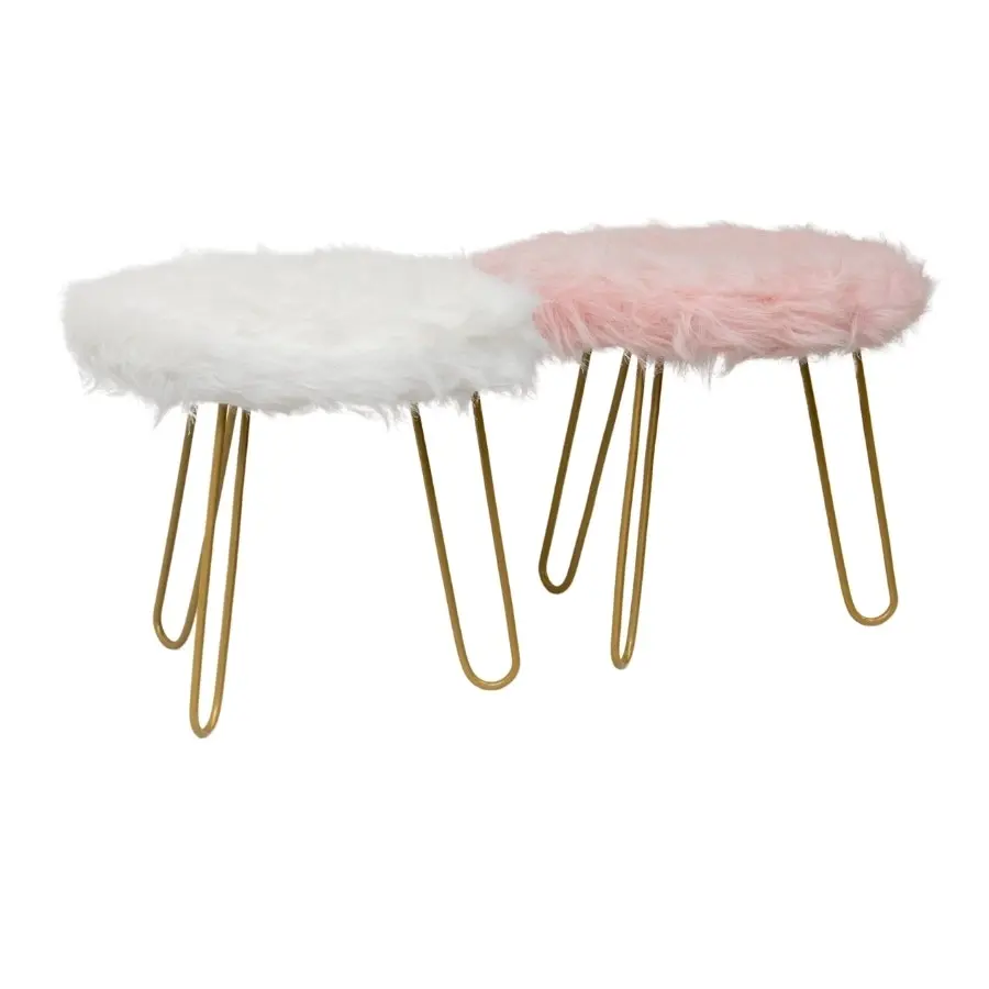 Willow & Silk 3-Golden Legged 30cm Stool w/ White Faux Fur