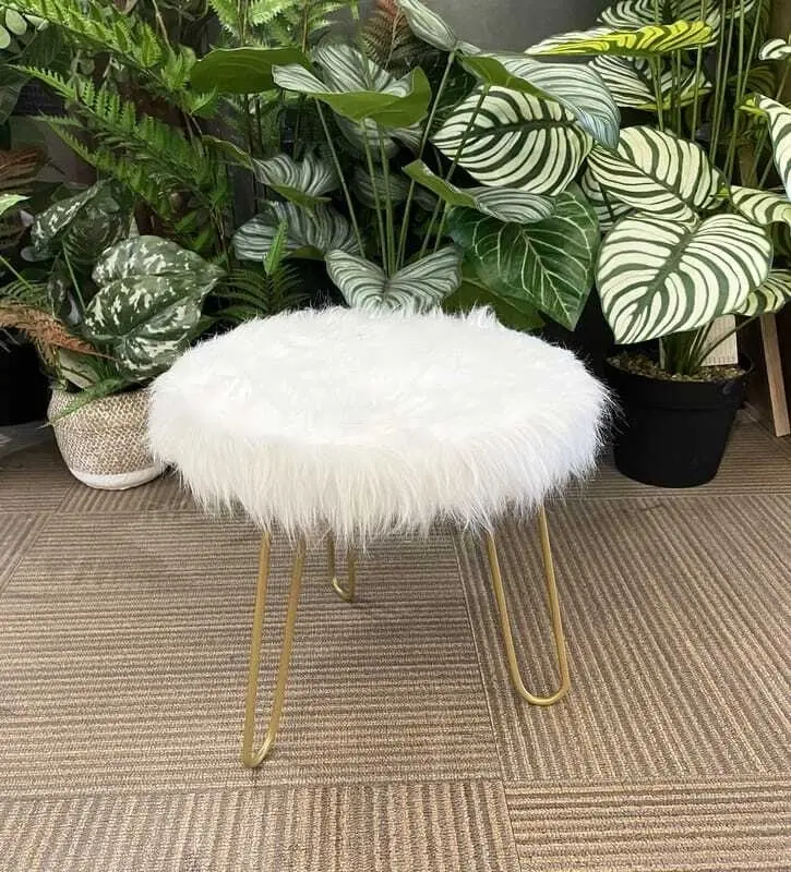 Willow & Silk 3-Golden Legged 30cm Stool w/ White Faux Fur