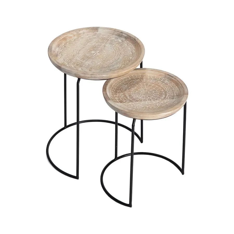 Willow & Silk Nested 61cm/52cm Set of 2 Wooden Mandala Side Table/Stool