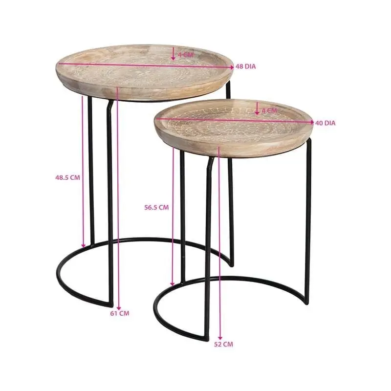 Willow & Silk Nested 61cm/52cm Set of 2 Wooden Mandala Side Table/Stool