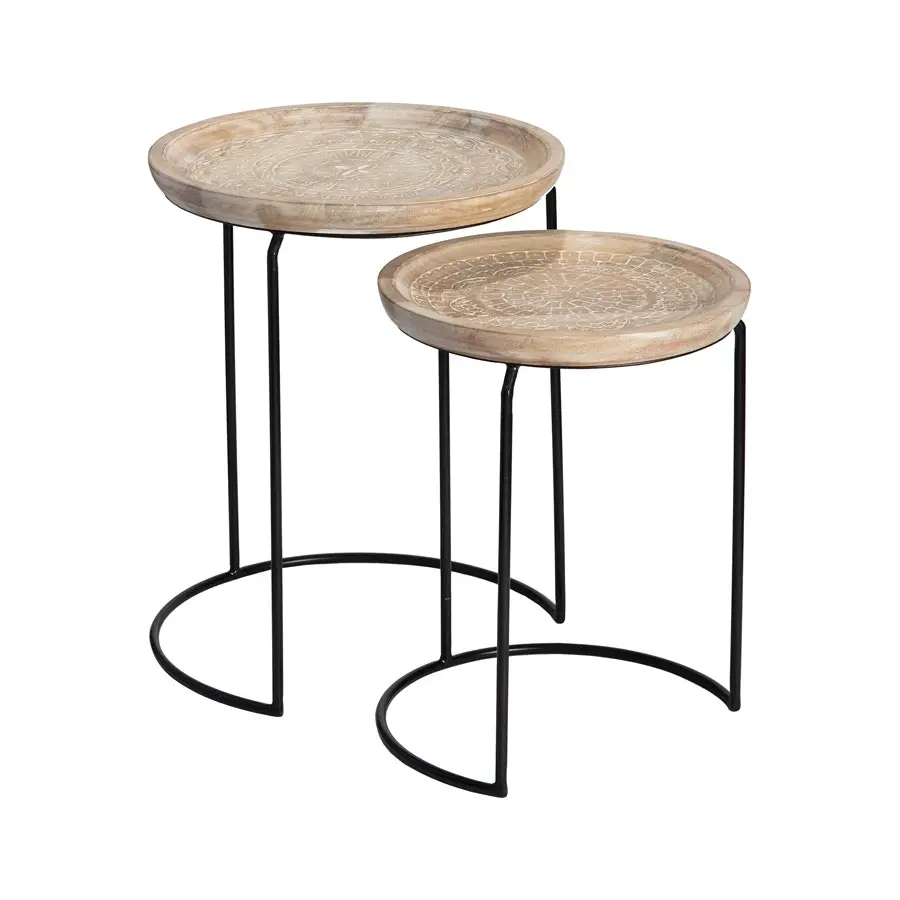 Willow & Silk Nested 61cm/52cm Set of 2 Wooden Mandala Side Table/Stool