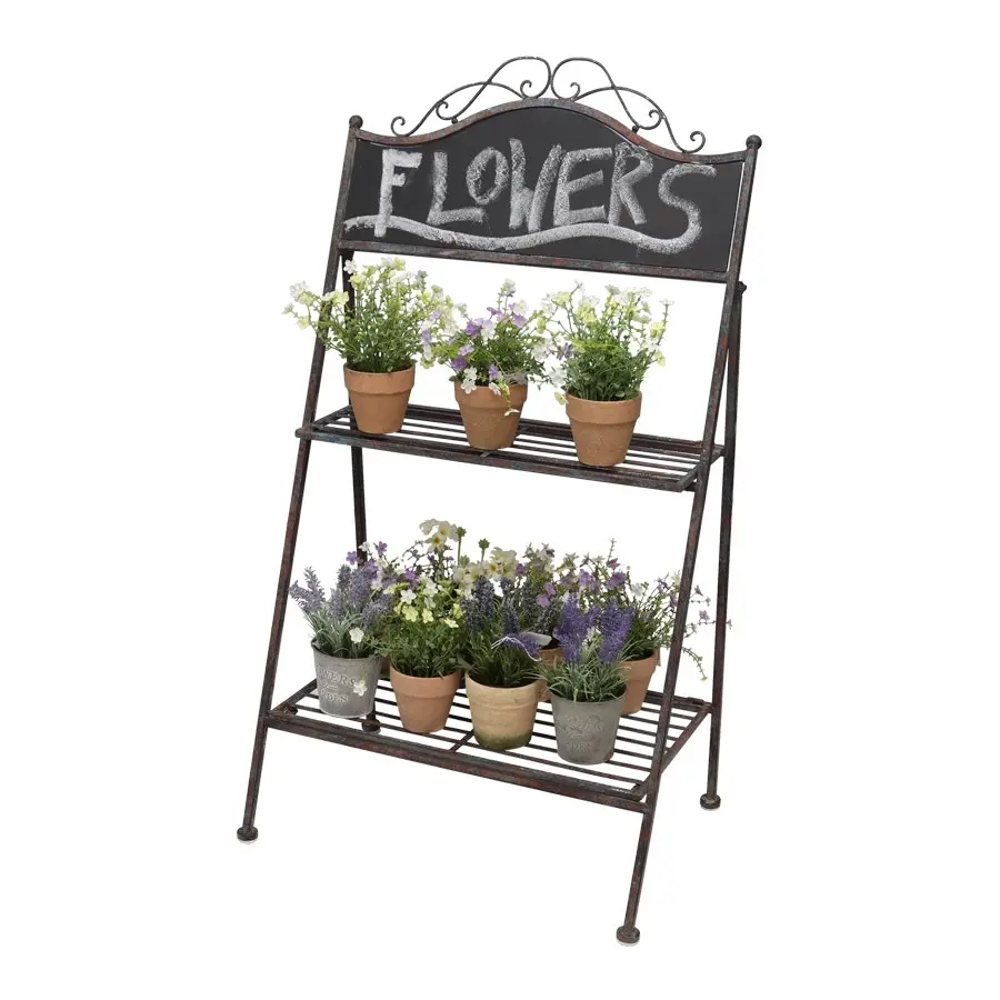 Willow & Silk Metal 110cm Brown 2-Shelf Garden Plant Stand w/ Chalkboard