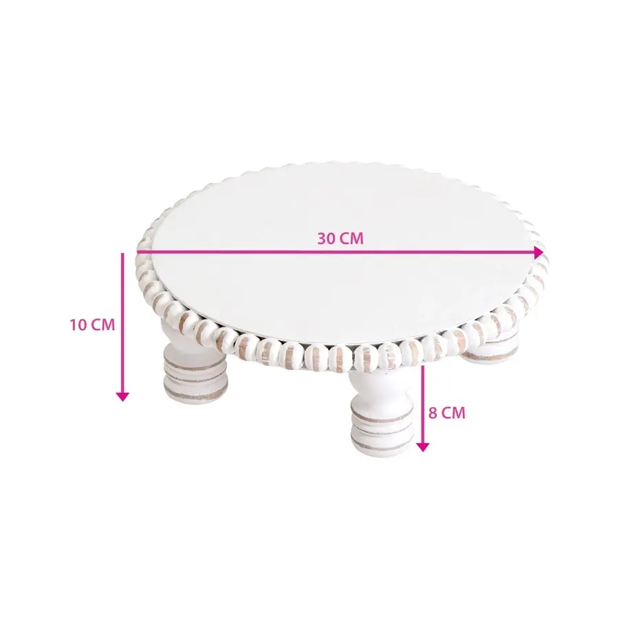 Willow & Silk Handmade Wooden 30cm White Round Beaded Cake Display Stand