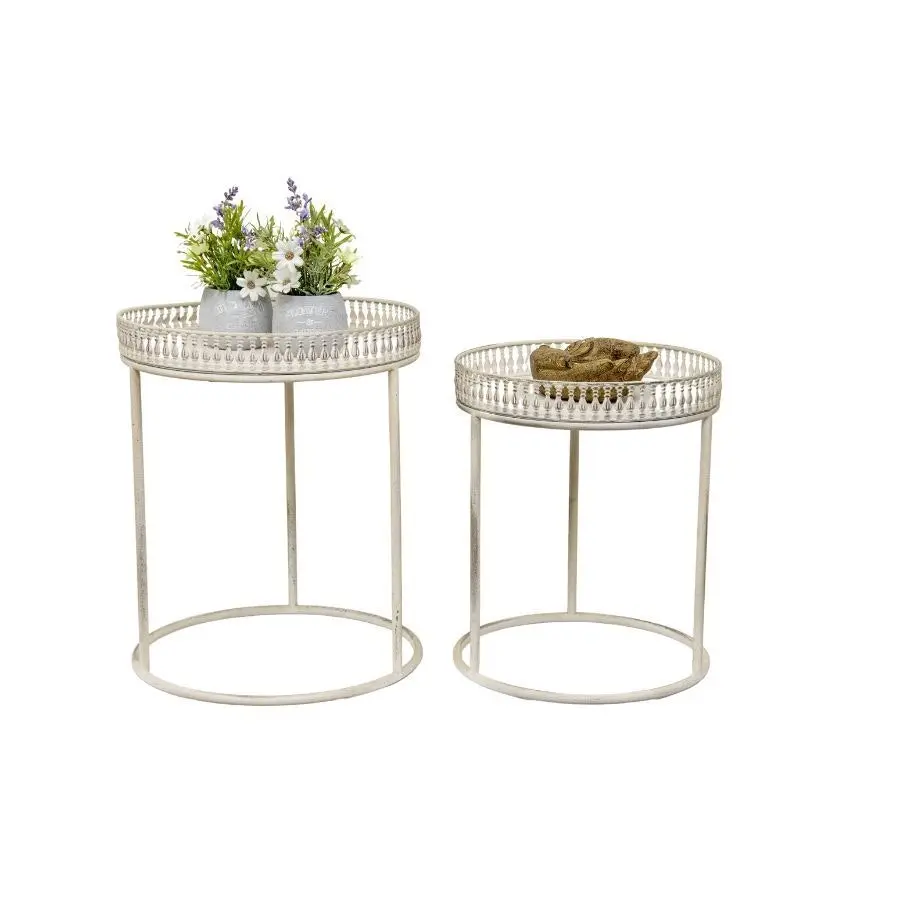 Willow & Silk Metal 47cm/42cm Set of 2 Round White Stool/Coffee/SideTable