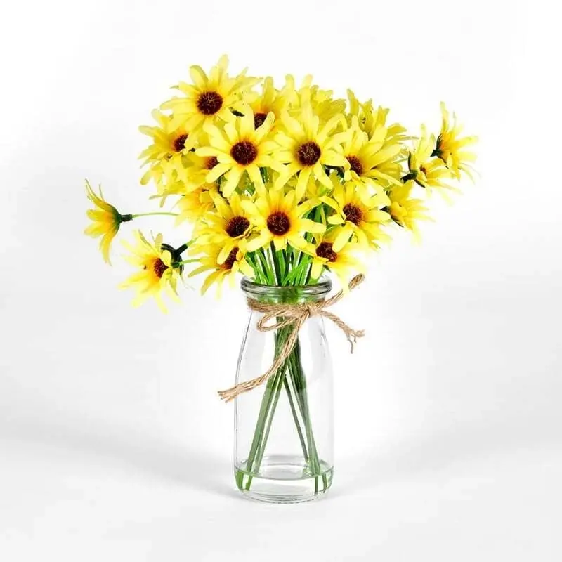 Willow & Silk Artificial 25cm Yellow Chrysanthemum w/ Glass Vase Pot