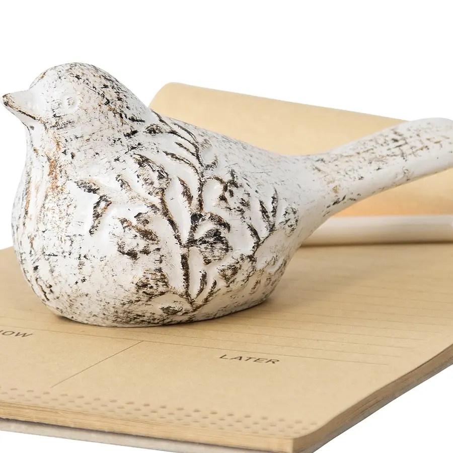 Willow & Silk Cast Iron 15cm Resting Bird White Embossed Paperweight