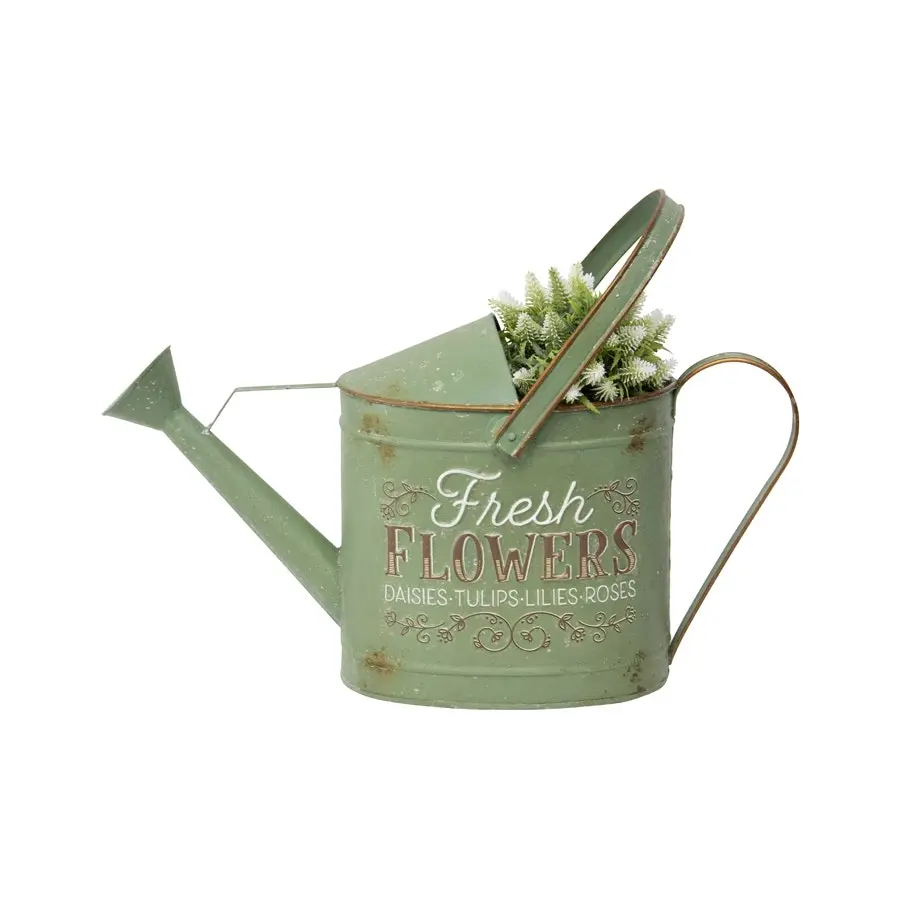 Willow & Silk Green Watering Can 47cm 'Fresh Flowers' Metal Pot/Planter