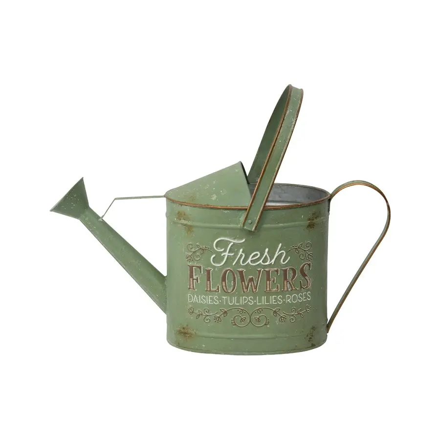 Willow & Silk Green Watering Can 47cm 'Fresh Flowers' Metal Pot/Planter