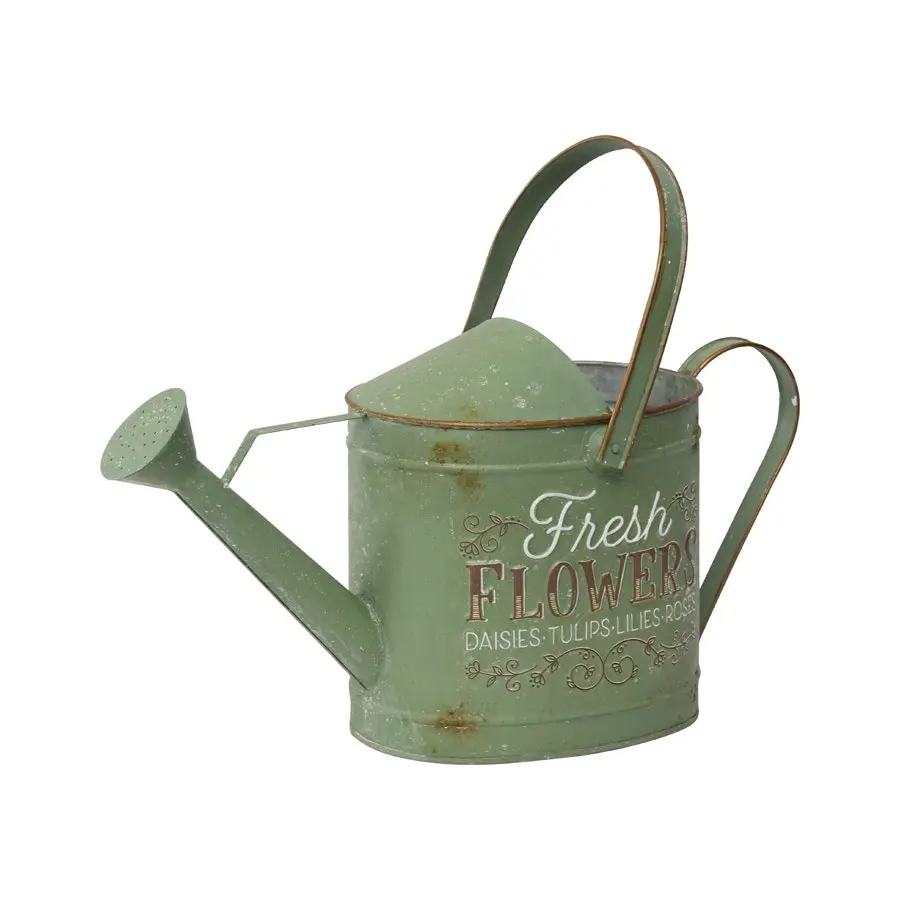 Willow & Silk Green Watering Can 47cm 'Fresh Flowers' Metal Pot/Planter