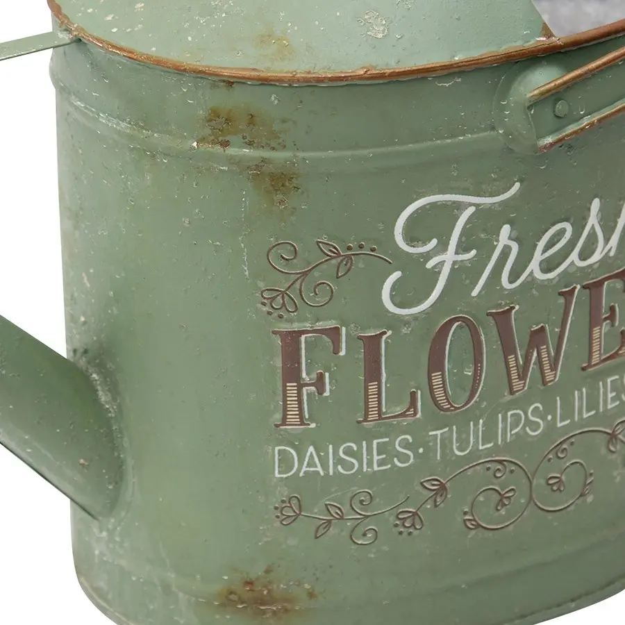 Willow & Silk Green Watering Can 47cm 'Fresh Flowers' Metal Pot/Planter