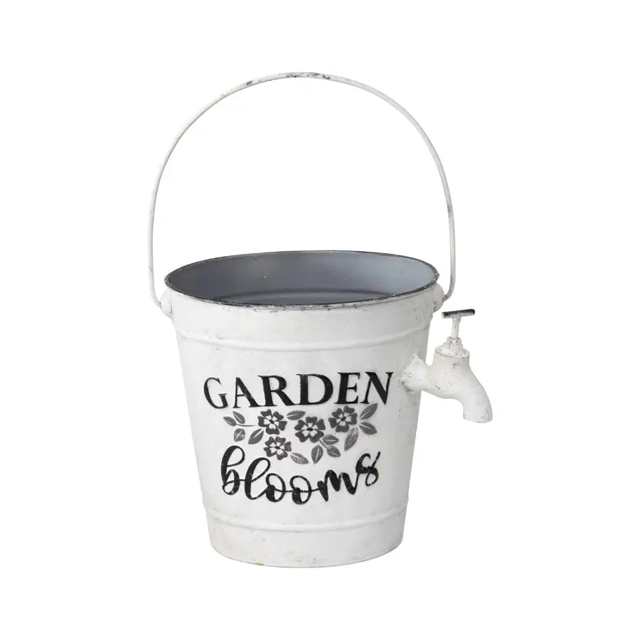 Willow & Silk White 27cm 'Garden Blooms' Pot/Planter Bucket w/ Tap & Handle