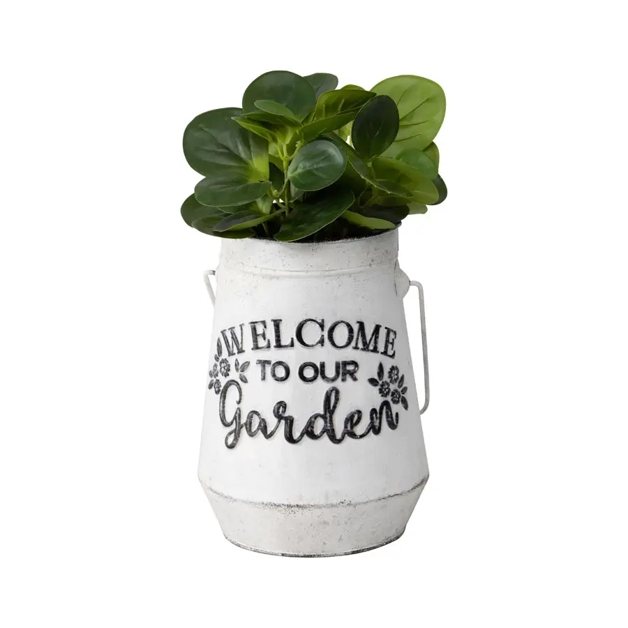 Willow & Silk Metal 36cm White 'Welcome To Our Garden' Can Pot/Planter