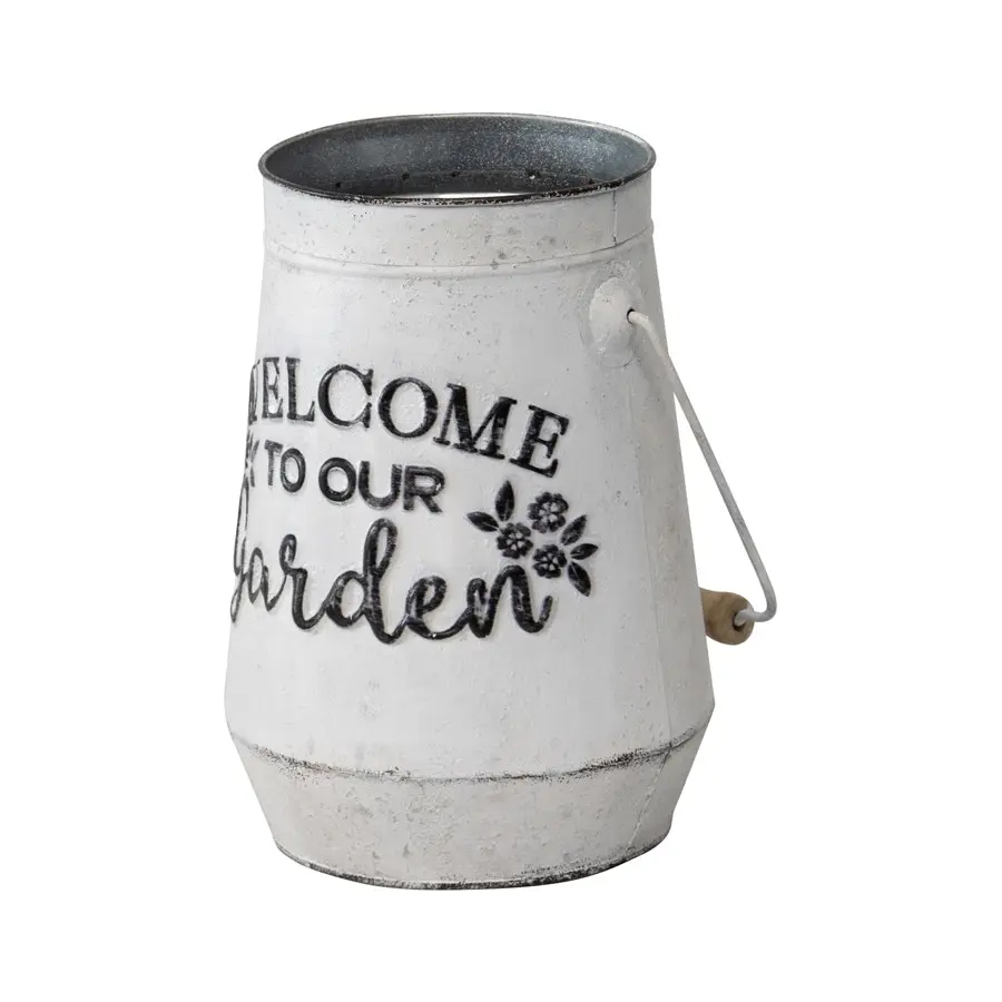 Willow & Silk Metal 36cm White 'Welcome To Our Garden' Can Pot/Planter