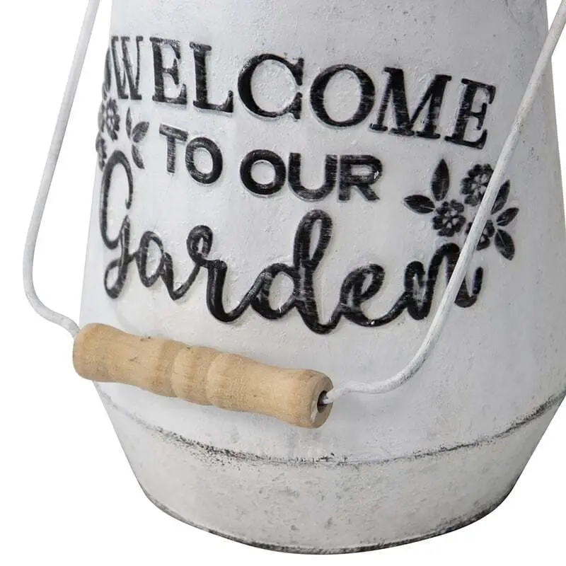 Willow & Silk Metal 36cm White 'Welcome To Our Garden' Can Pot/Planter