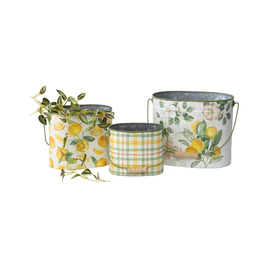 Willow & Silk Metal 41/33/25cm Set of 3 Summer Lemons Pot/Planter/Buckets