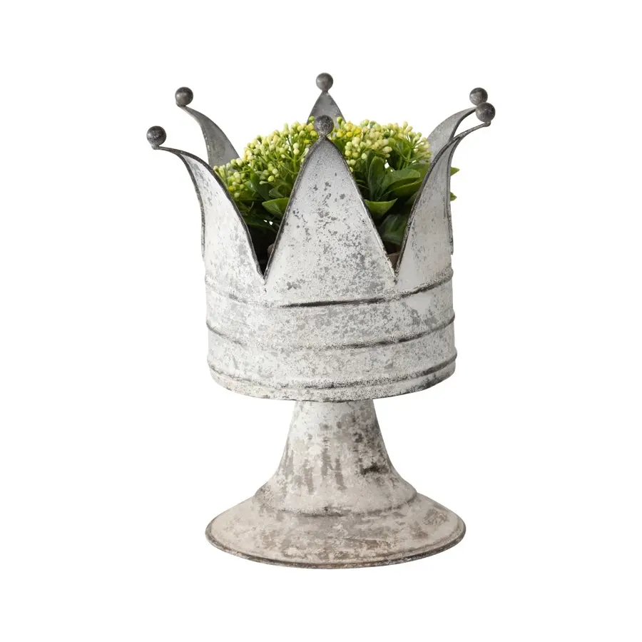 Willow & Silk Metal 26cm White Crown on Pillar Ornament Pot/Planter