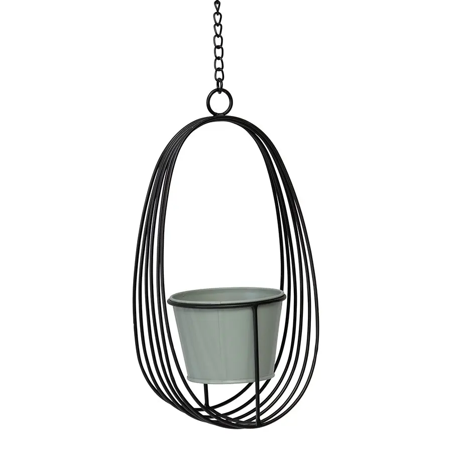 Willow & Silk Zinc/Metal 80cm Hanging Black/Sage Orb & Pot Chain Planter