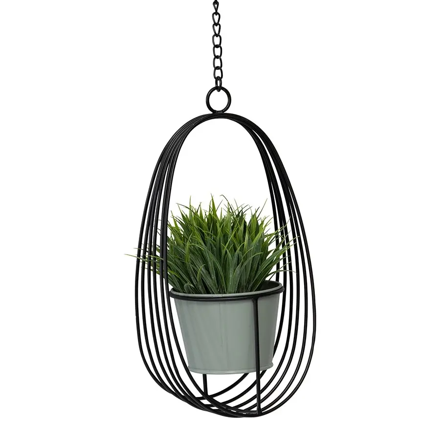 Willow & Silk Zinc/Metal 80cm Hanging Black/Sage Orb & Pot Chain Planter