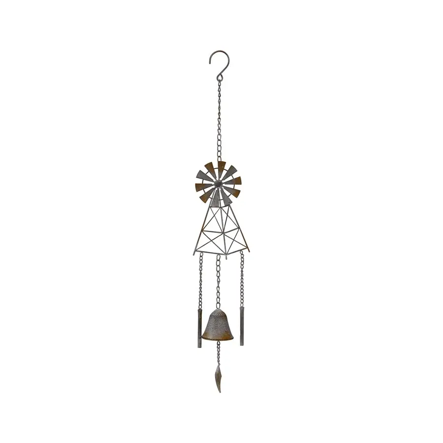 Willow & Silk Hanging 77cm Rustic Grey Windmill w/ Cast Iron Bell Chime