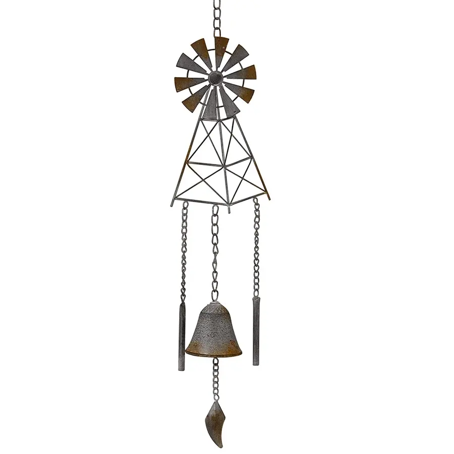 Willow & Silk Hanging 77cm Rustic Grey Windmill w/ Cast Iron Bell Chime