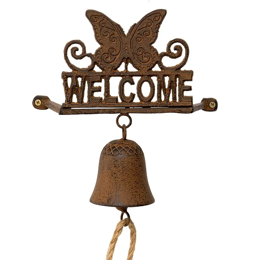 Willow & Silk Hanging 73cm Brown Butterfly 'Welcome' Sign Door Bell w/ Rope