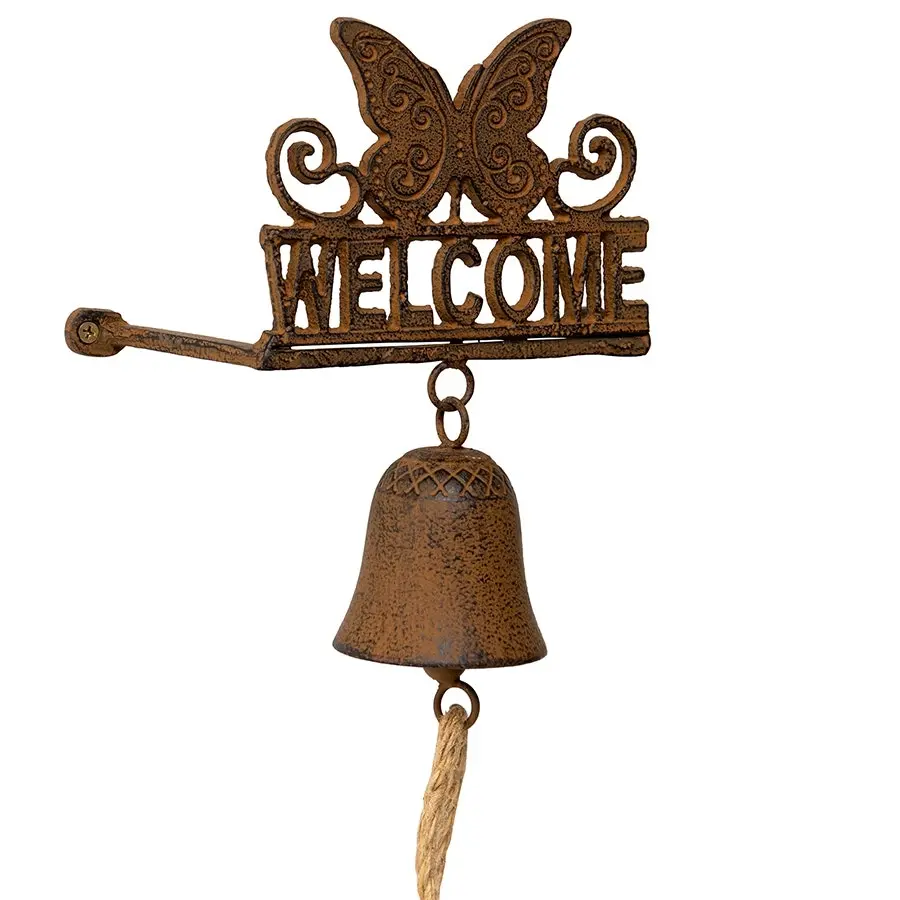 Willow & Silk Hanging 73cm Brown Butterfly 'Welcome' Sign Door Bell w/ Rope