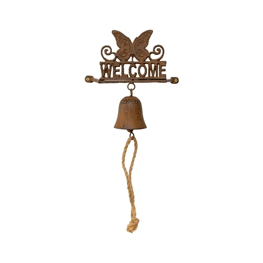 Willow & Silk Hanging 73cm Brown Butterfly 'Welcome' Sign Door Bell w/ Rope