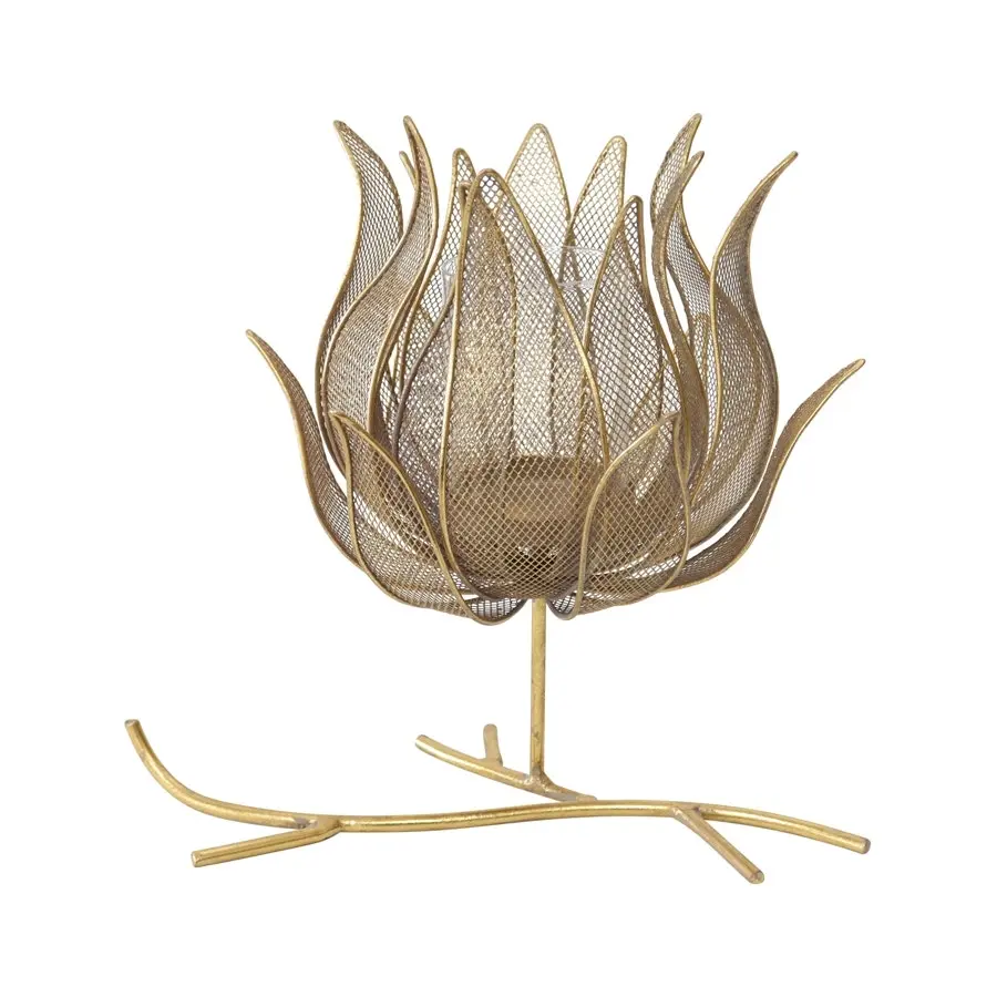 Willow & Silk Golden 30cm Metal/Glass Lotus Flower on Stand Candle Holder