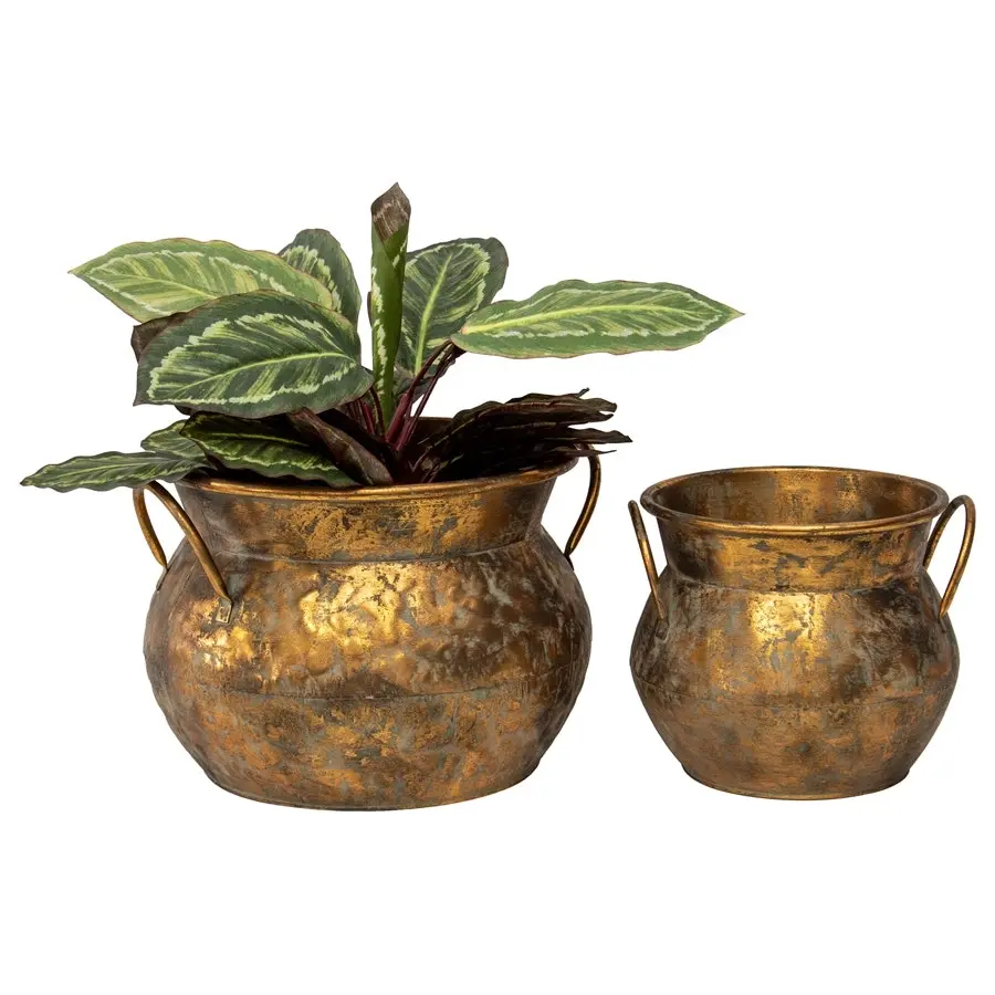 Willow & Silk Nested Metal 37cm/25cm Set of 2 Golden Antique Pot/Planters