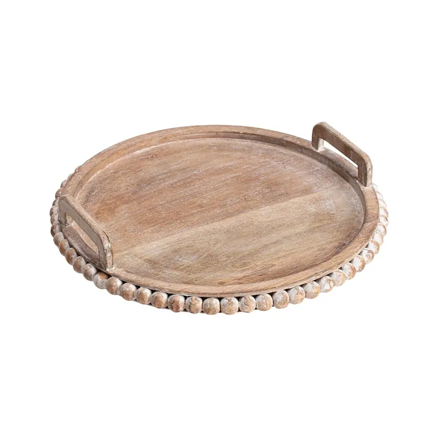 Willow & Silk Handmade 41cm Wooden Beaded Round Tea/Coffee Serving Tray