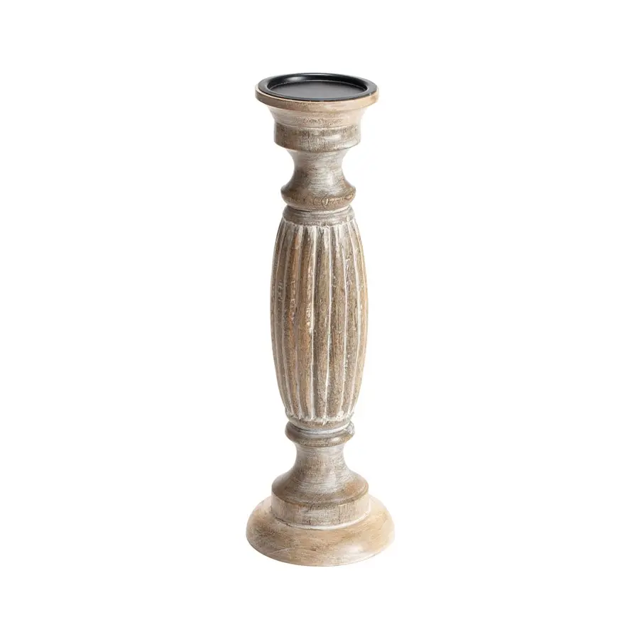 Willow & Silk Handmade 38cm Wooden Classic Carved Pillar Candle Holder